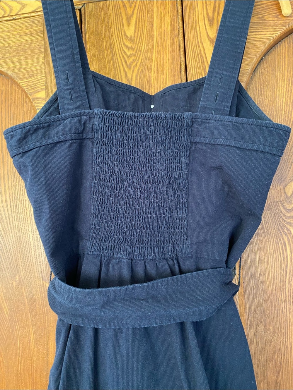 Everlane 8 M navy blue cotton picnic dress midi belt smocked button square neck - Picture 4 of 9